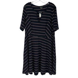 City Chic Morisette Navy Blue Striped Short Sleeve Keyhole Dress S/16